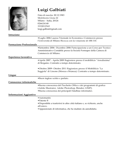 Modello di CV per ragioniere (commercialista)