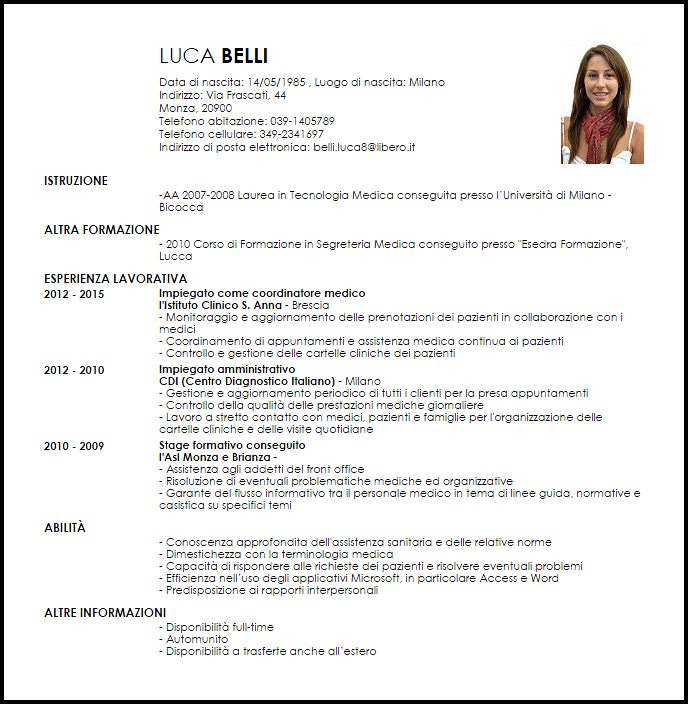 Modello Curriculum Vitae Coordinatore Medico Livecareer